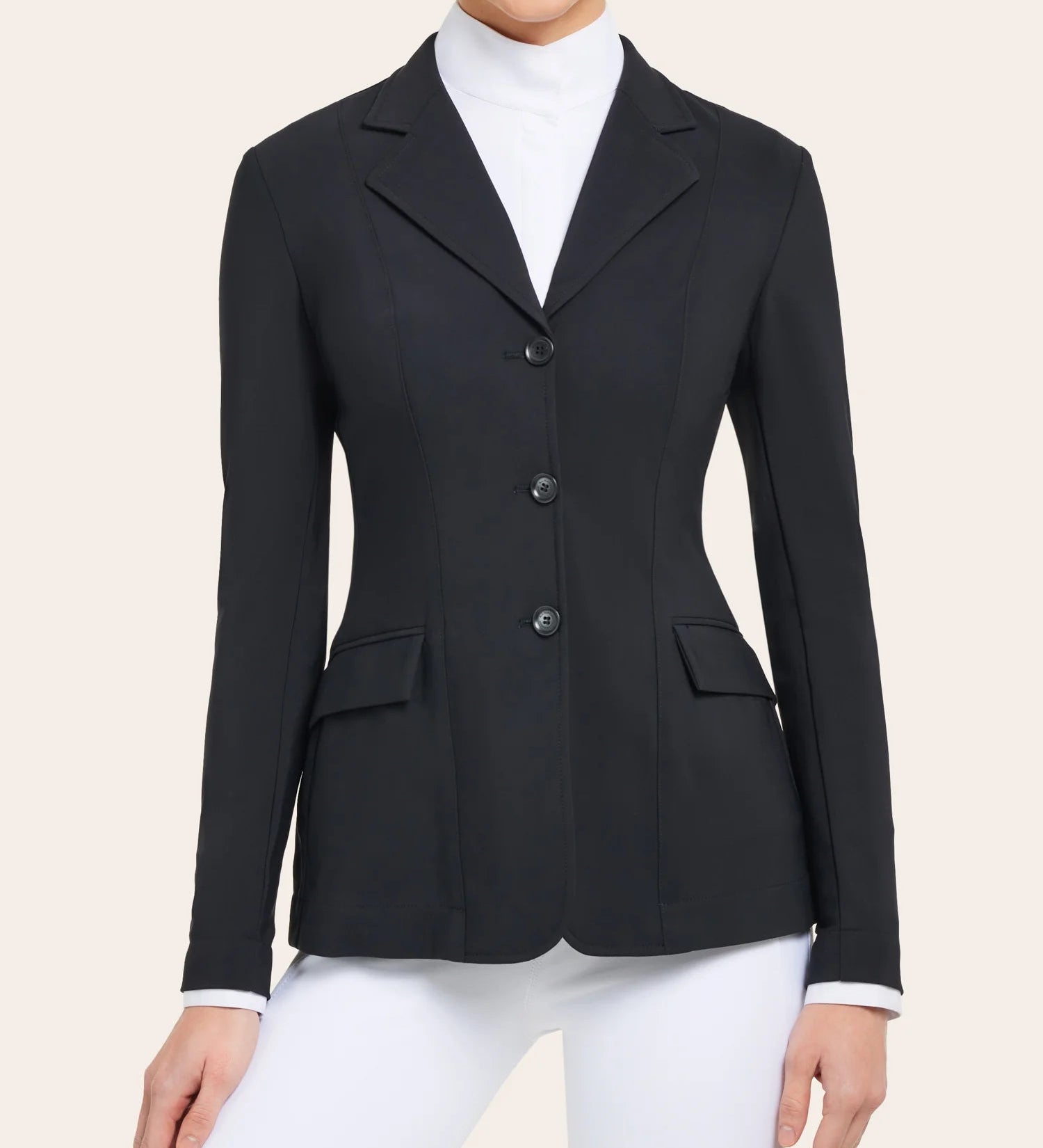 Front view of a model wearing the black RJ Classics Monterey Show Coat on a plain background