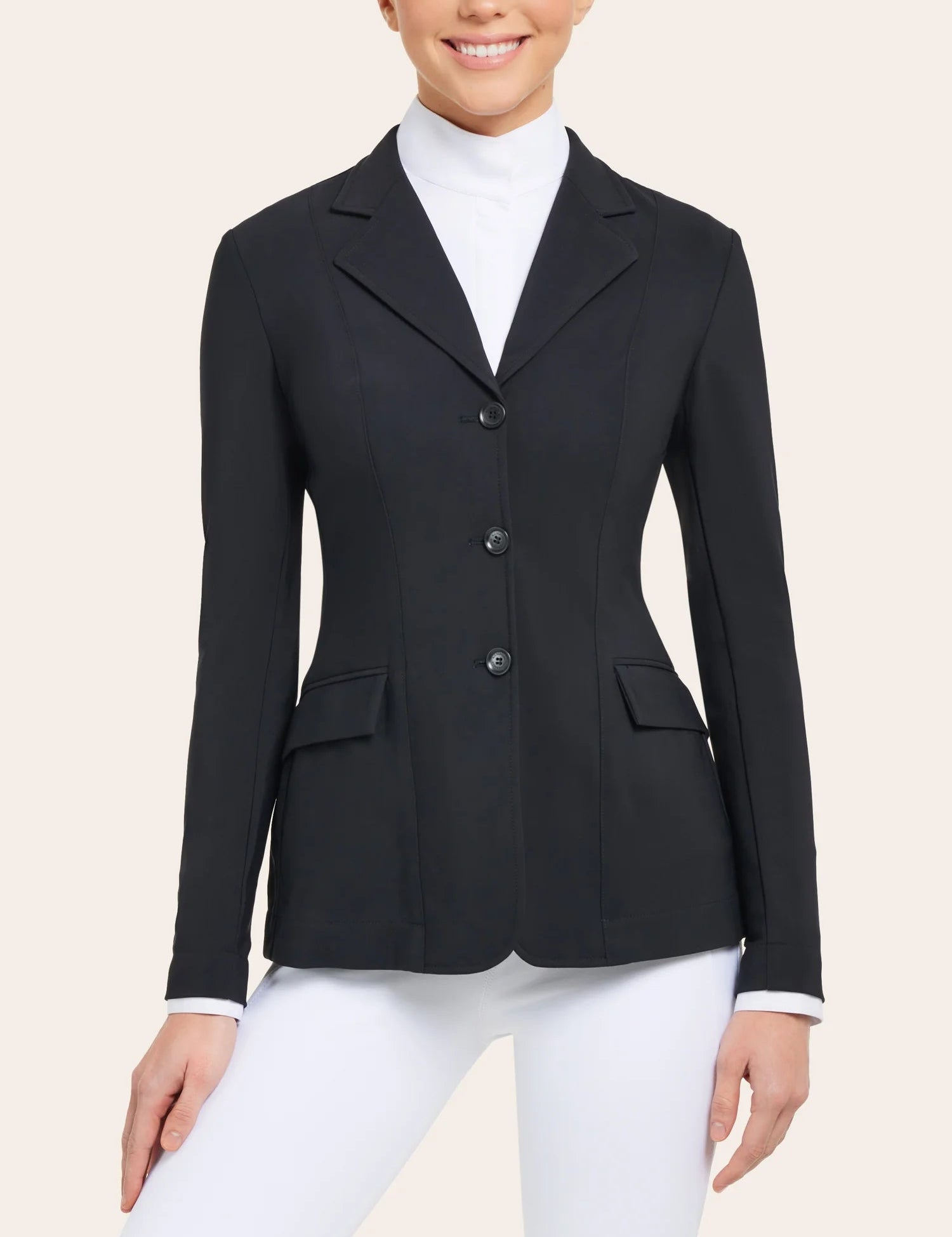 Front view of a model wearing the black RJ Classics Monterey Show Coat on a plain background