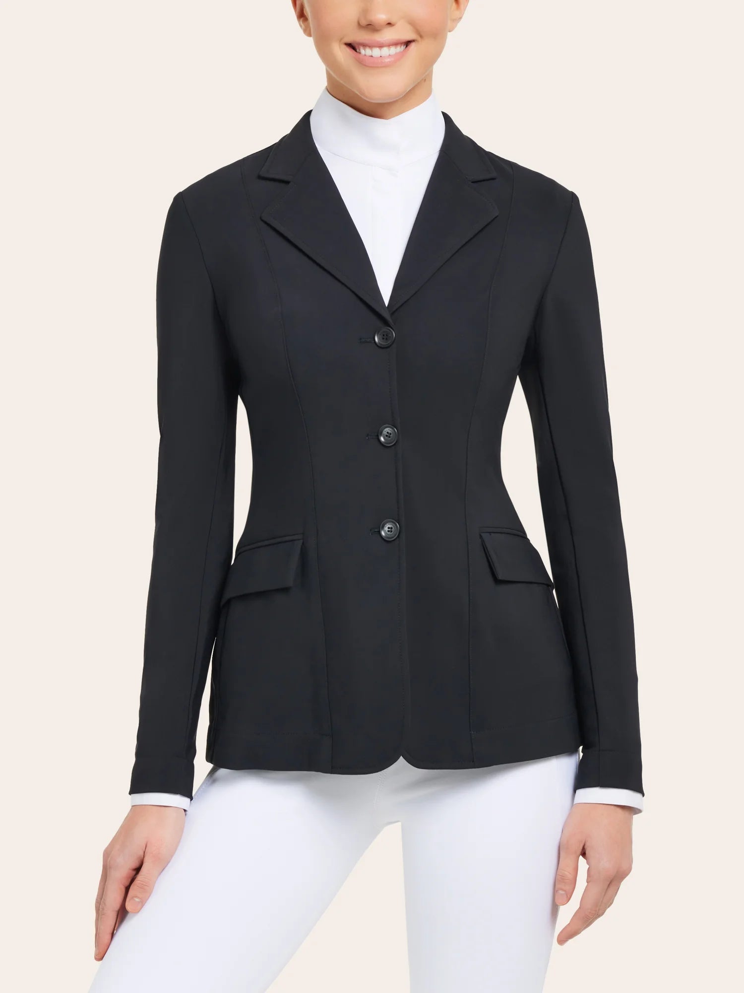 Front view of a model wearing the black RJ Classics Monterey Show Coat on a plain background