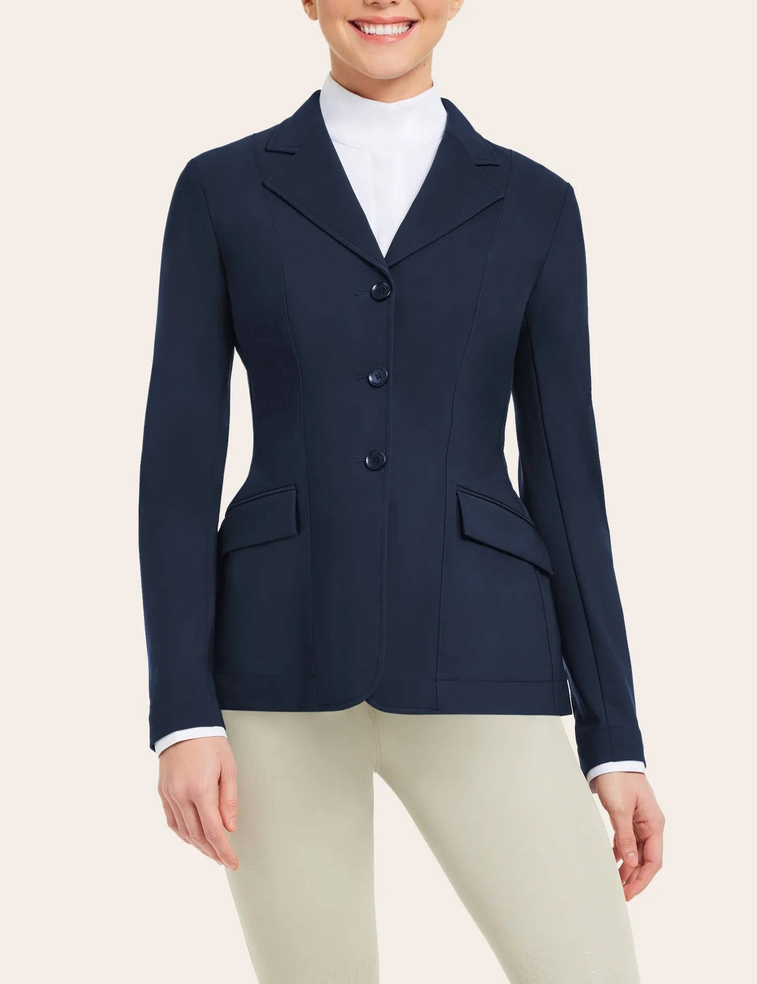 Front view of a model wearing the navy RJ Classics Monterey Show Coat on a plain background