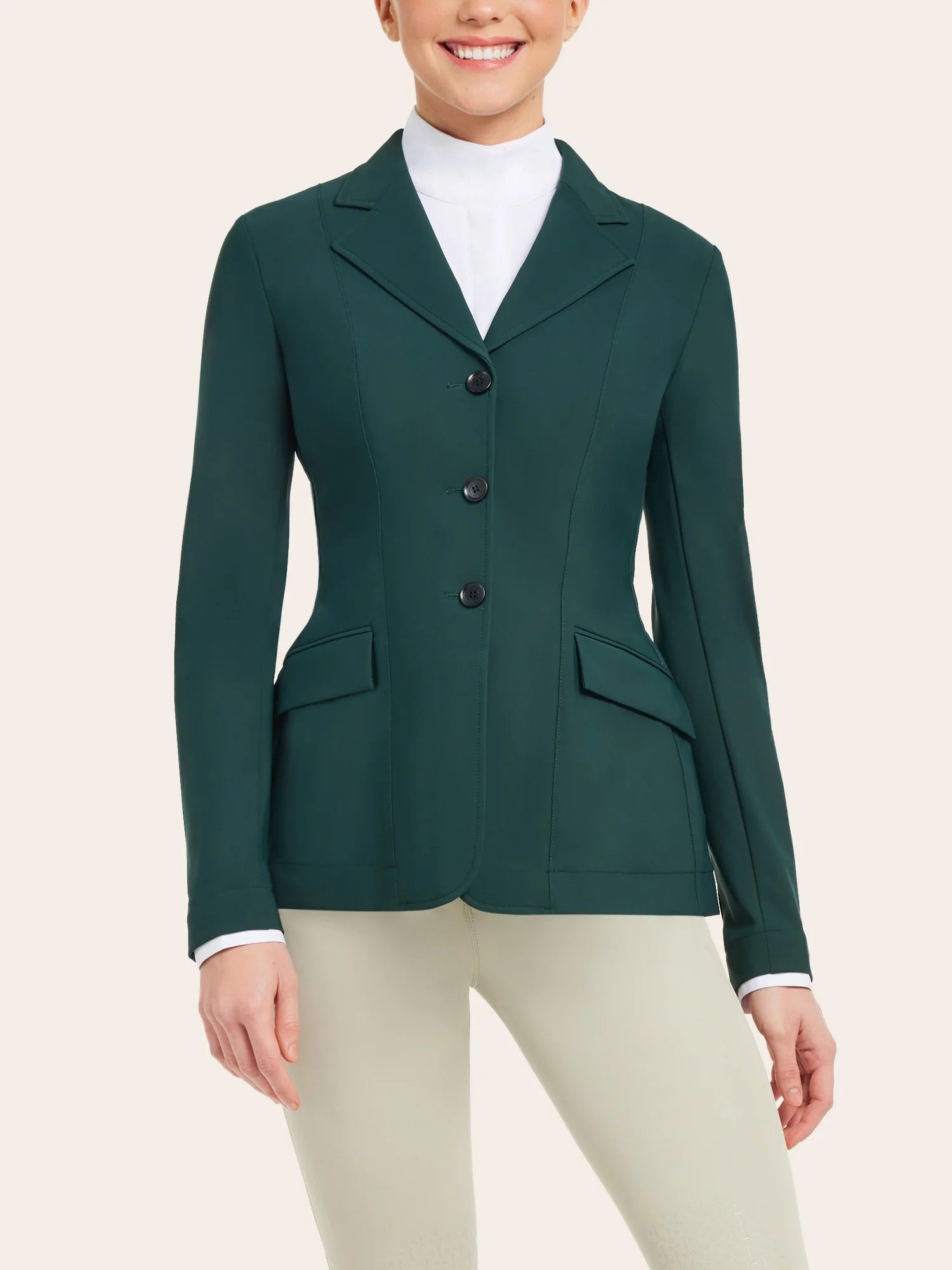 Front view of a model wearing the pine RJ Classics Monterey Show Coat on a plain background