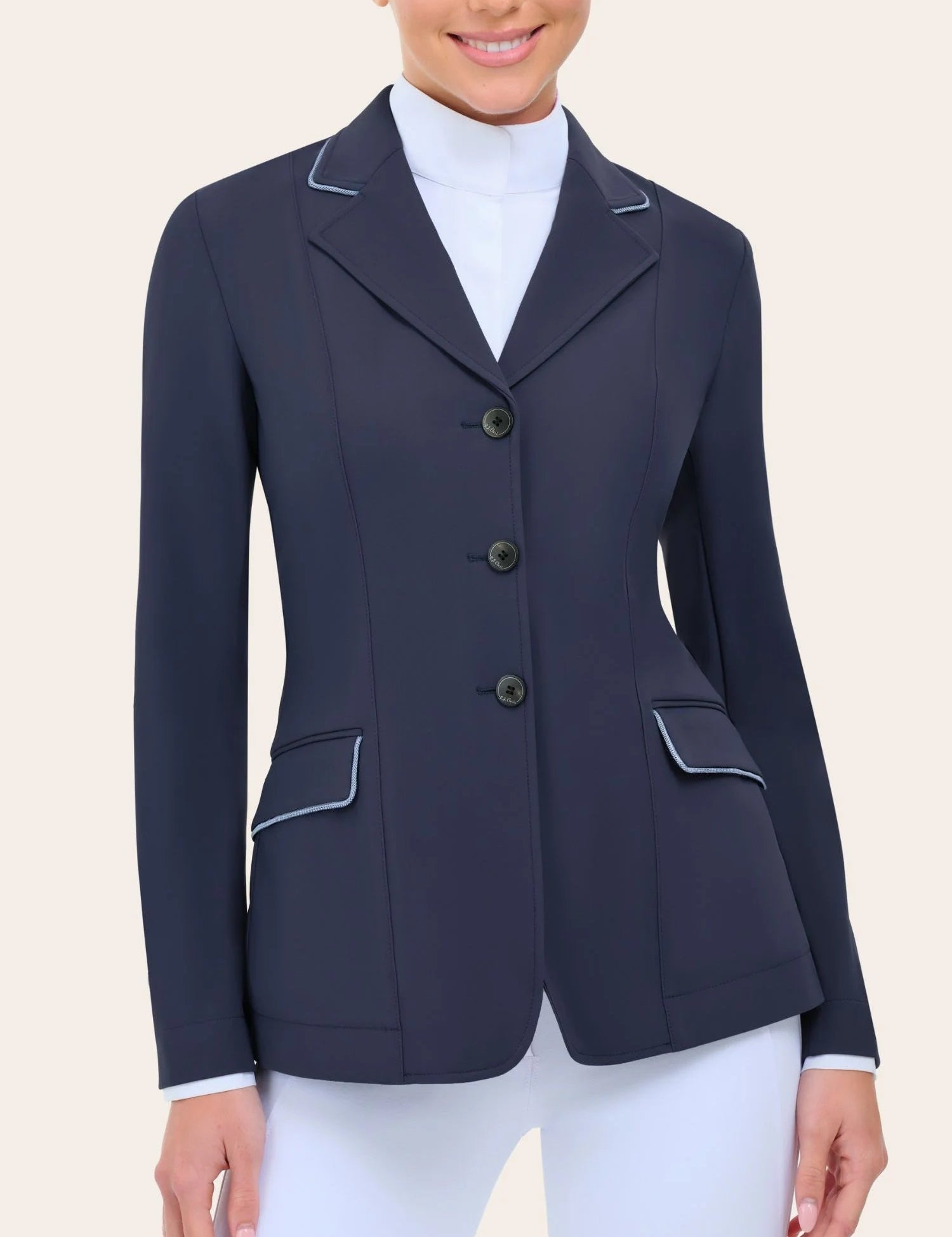 Front view of a model wearing the twilight ice grey piping RJ Classics Monterey Show Coat on a plain background