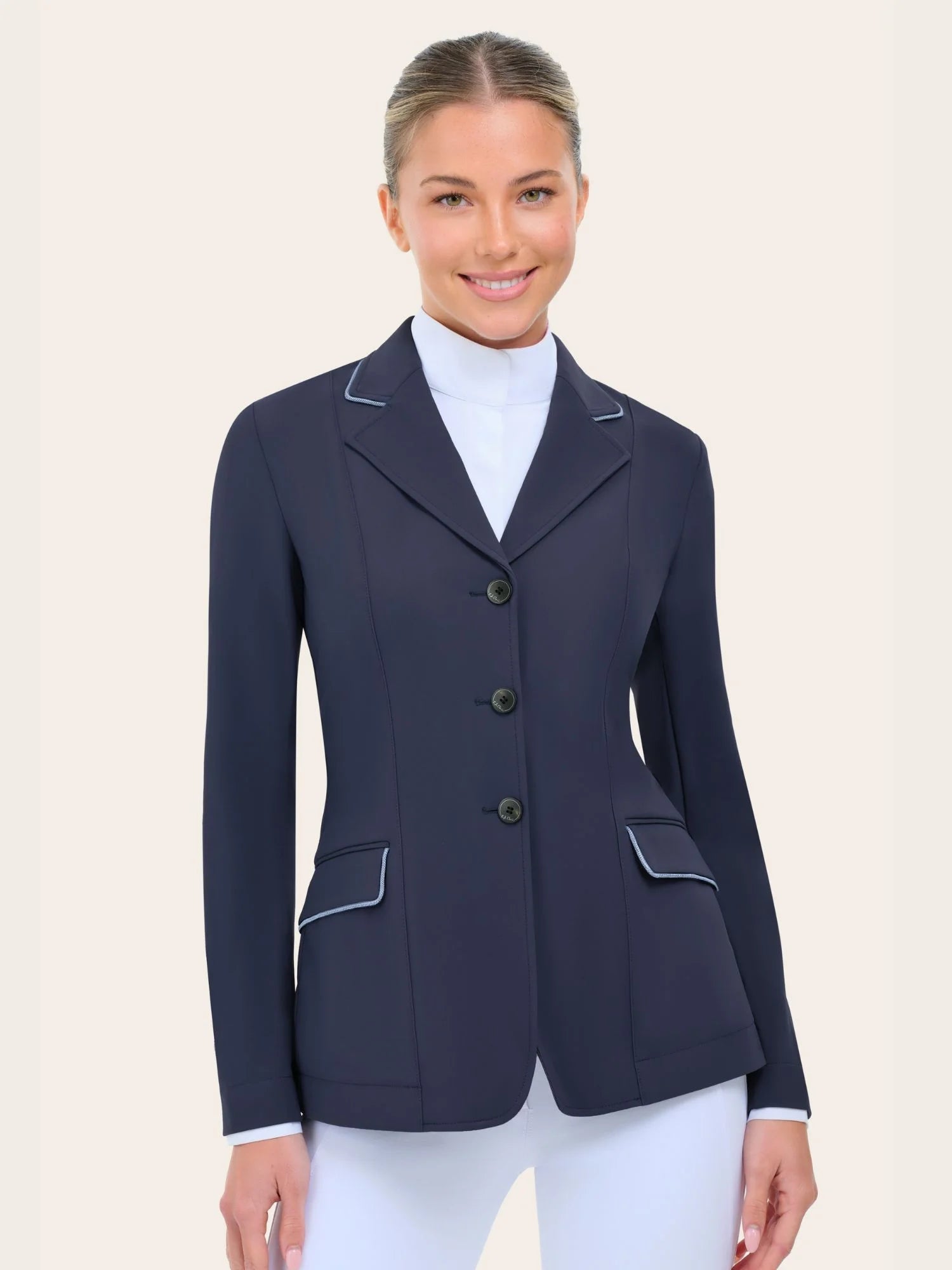 Front view of a model wearing the twilight ice grey piping RJ Classics Monterey Show Coat on a plain background