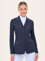 Front view of a model wearing the twilight ice grey piping RJ Classics Monterey Show Coat on a plain background
