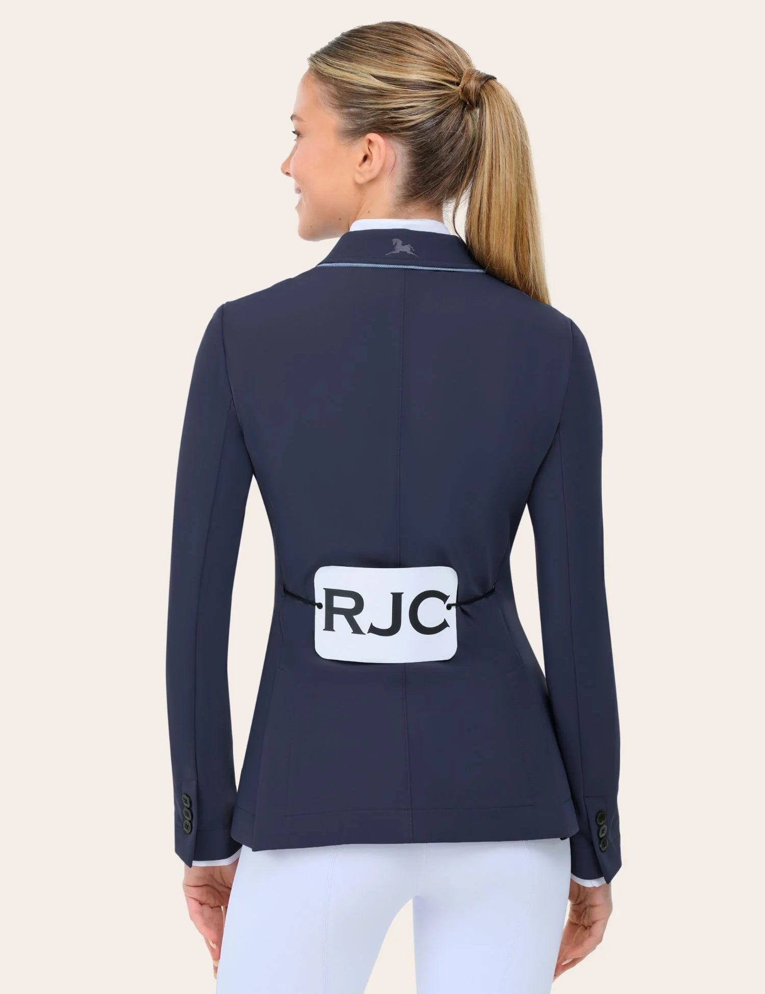 Back view of a model wearing the twilight ice grey piping RJ Classics Monterey Show Coat on a plain background