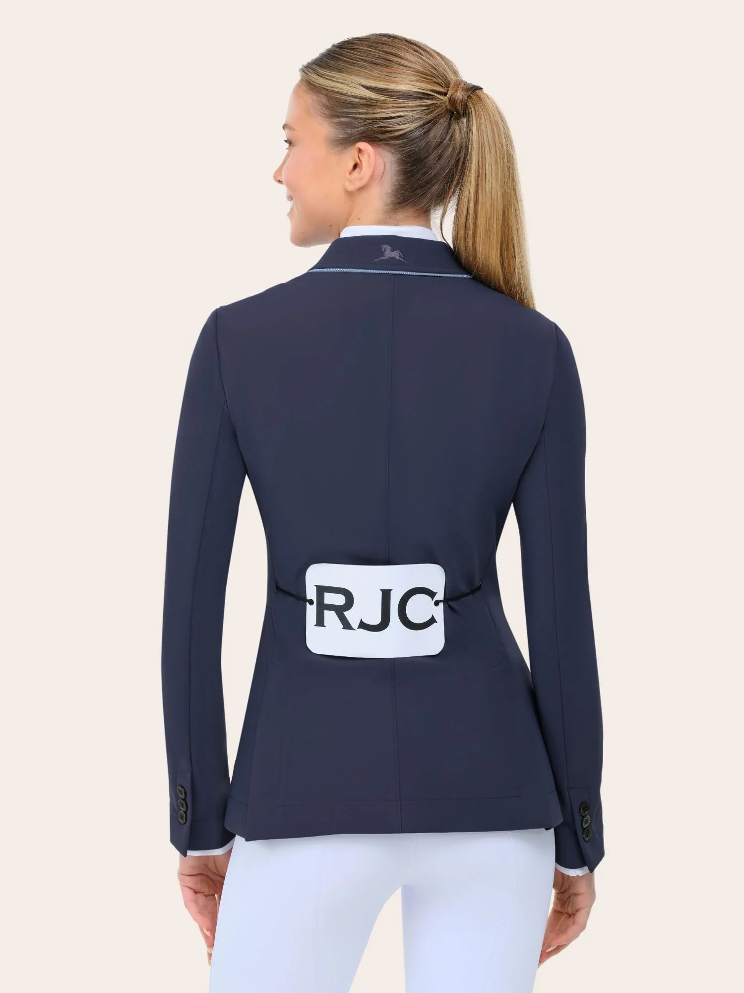Back view of a model wearing the twilight ice grey piping RJ Classics Monterey Show Coat on a plain background