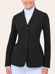 Front view of a model wearing the black with burgundy piping  RJ Classics Monterey Show Coat on a plain background