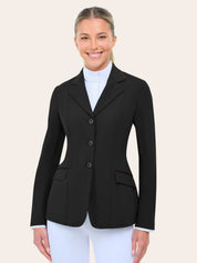 Front view of a model wearing the black with burgundy piping  RJ Classics Monterey Show Coat on a plain background