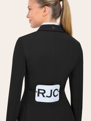 Back view of a model wearing the black with burgundy piping  RJ Classics Monterey Show Coat on a plain background