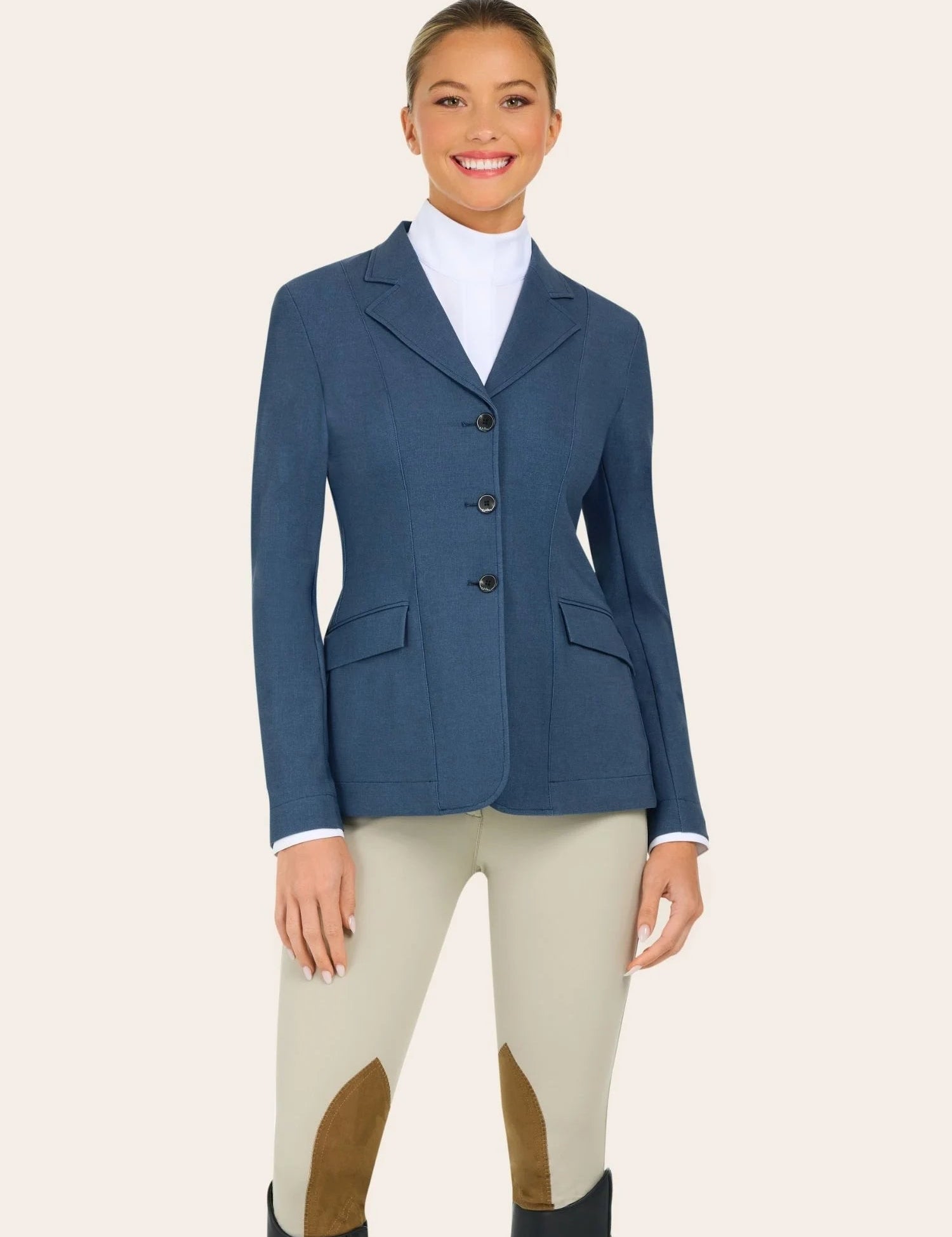Front view of a model wearing the blue weave RJ Classics Monterey Show Coat on a plain background