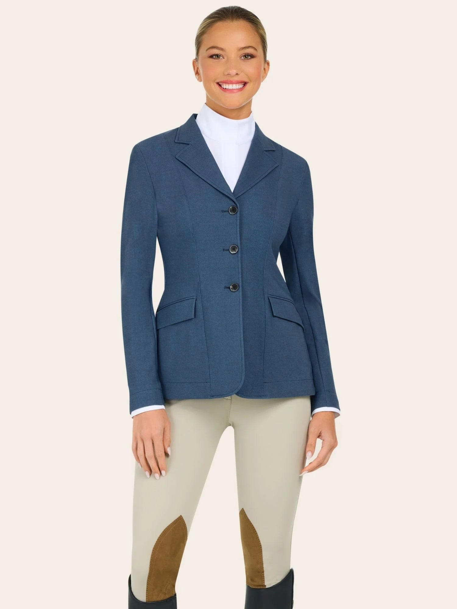 Front view of a model wearing the blue weave RJ Classics Monterey Show Coat on a plain background