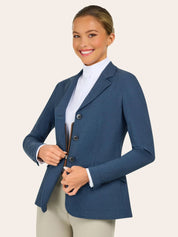Angled front view of a model zipping up the zipper on the blue weave RJ Classics Monterey Show Coat on a plain background