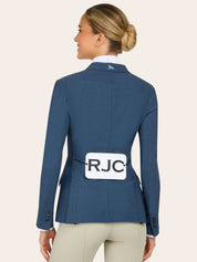 Back view of a model wearing the blue weave RJ Classics Monterey Show Coat on a plain background