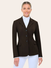 Front view of a female model wearing the chocolate RJ Classics Monterey Show Coat on a plain background