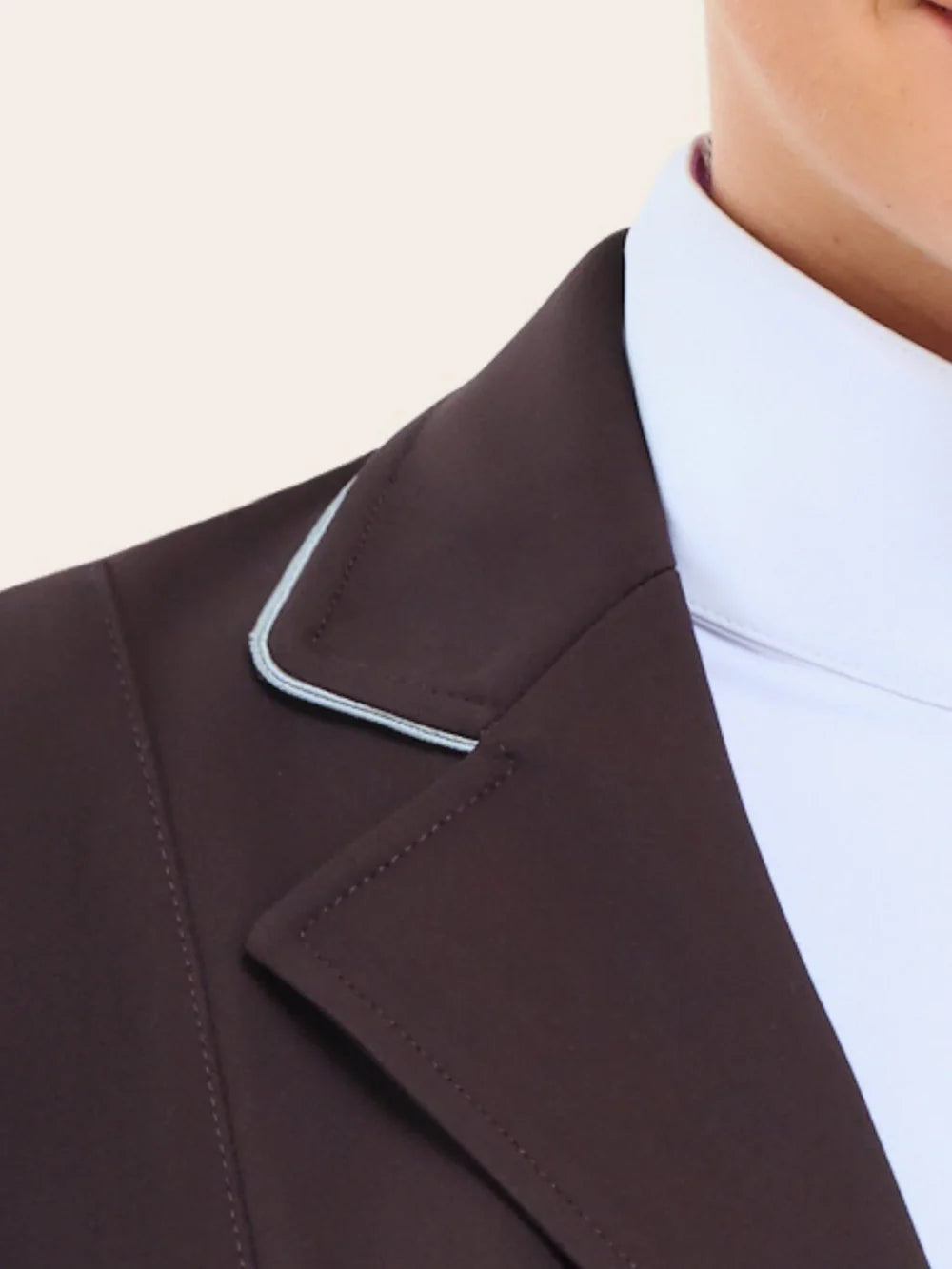 Close-up of the RJ Classics Monterey Show Coat in fig highlighting the notched lapel with contrast piping and clean topstitching, shown with a white high-collar show shirt.