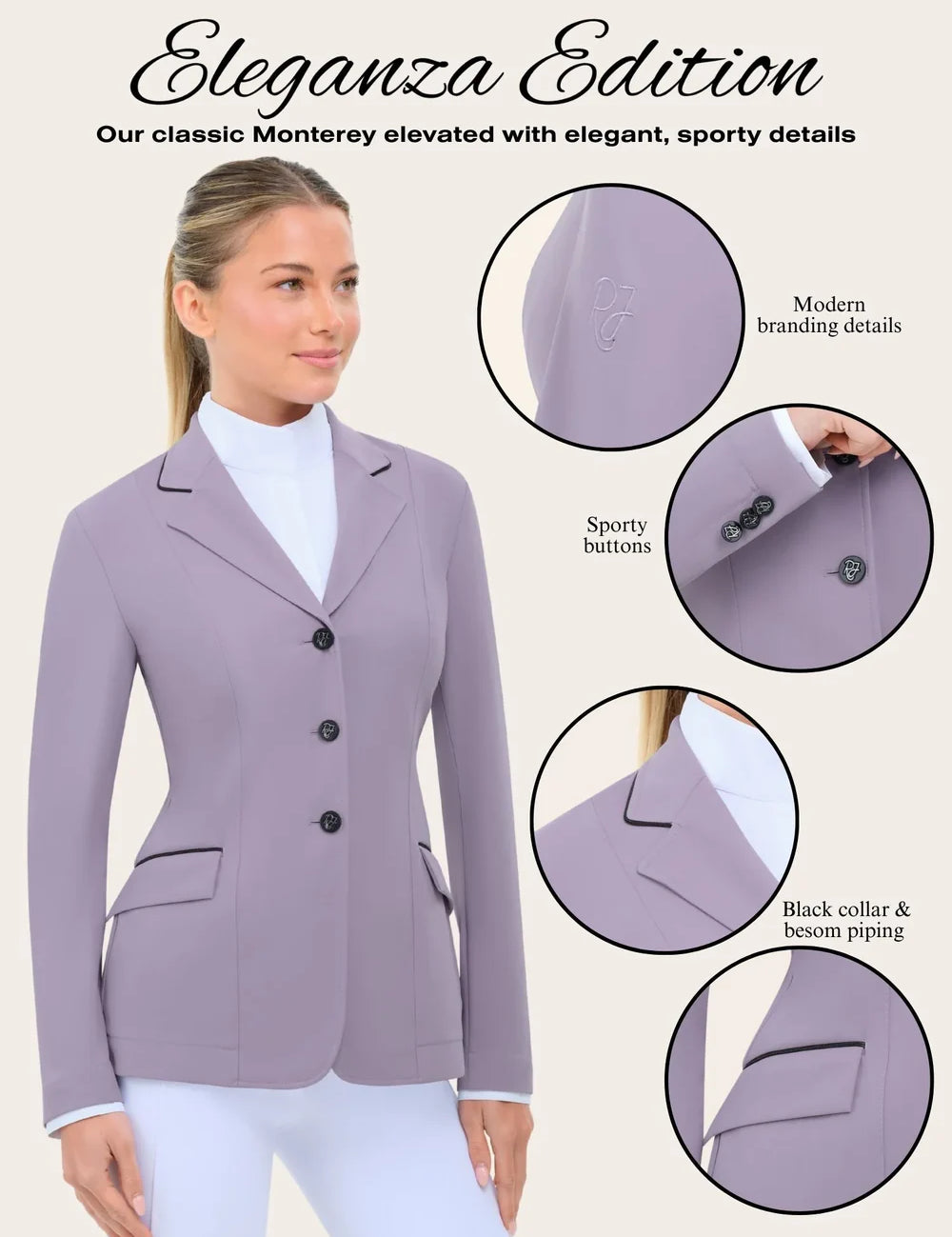 Infographic titled “Eleganza Edition” featuring the RJ Classics Monterey Show Coat Eleganza Edition in Dusty Lilac, a tailored equestrian show jacket with black collar and besom piping, three-button front closure, and flap pockets; inset close-ups highlight modern RJ branding, sporty buttons, and contrast pocket piping.
