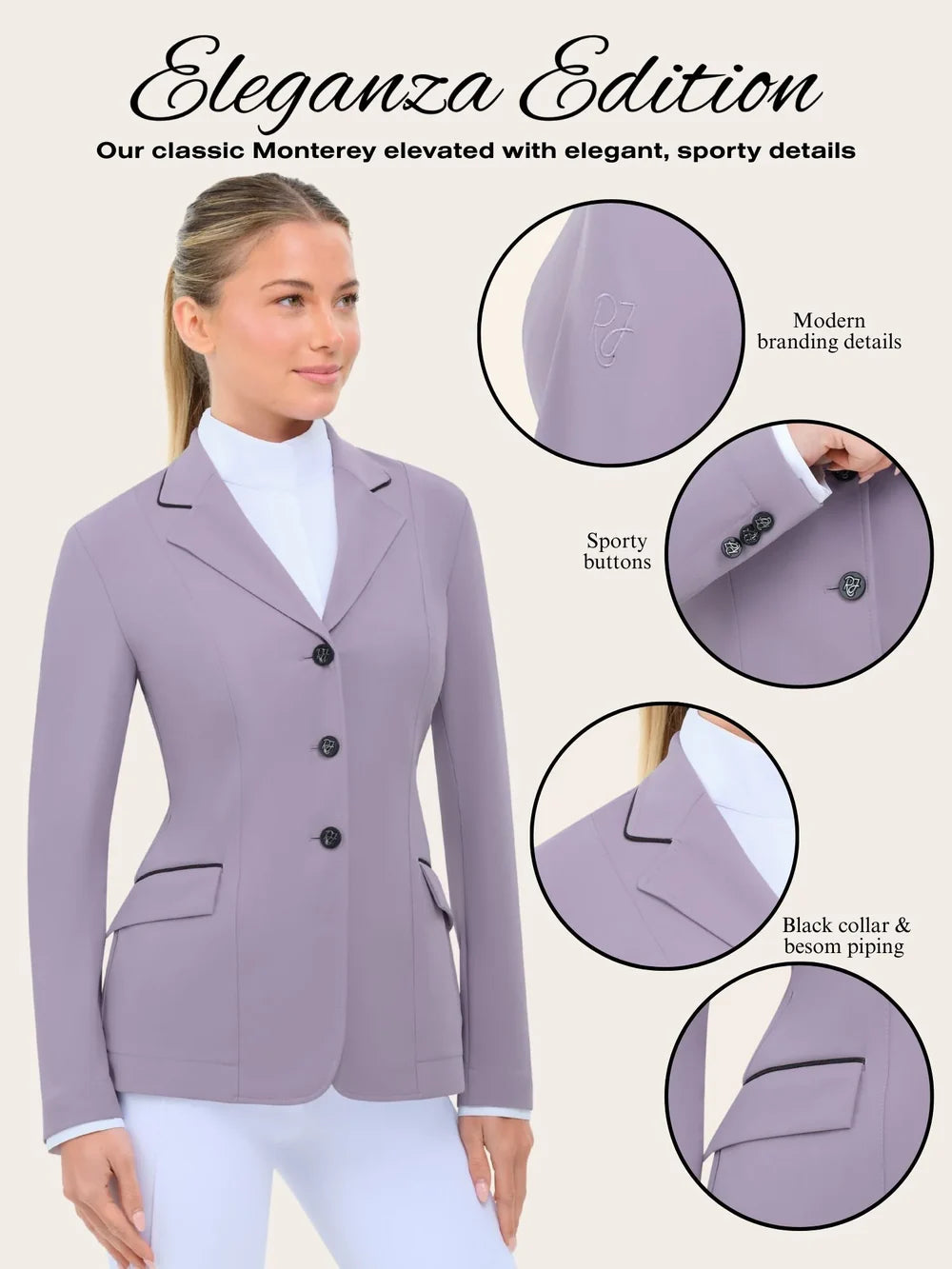 Infographic titled “Eleganza Edition” featuring the RJ Classics Monterey Show Coat Eleganza Edition in Dusty Lilac, a tailored equestrian show jacket with black collar and besom piping, three-button front closure, and flap pockets; inset close-ups highlight modern RJ branding, sporty buttons, and contrast pocket piping.