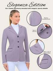 Infographic titled “Eleganza Edition” featuring the RJ Classics Monterey Show Coat Eleganza Edition in Dusty Lilac, a tailored equestrian show jacket with black collar and besom piping, three-button front closure, and flap pockets; inset close-ups highlight modern RJ branding, sporty buttons, and contrast pocket piping.