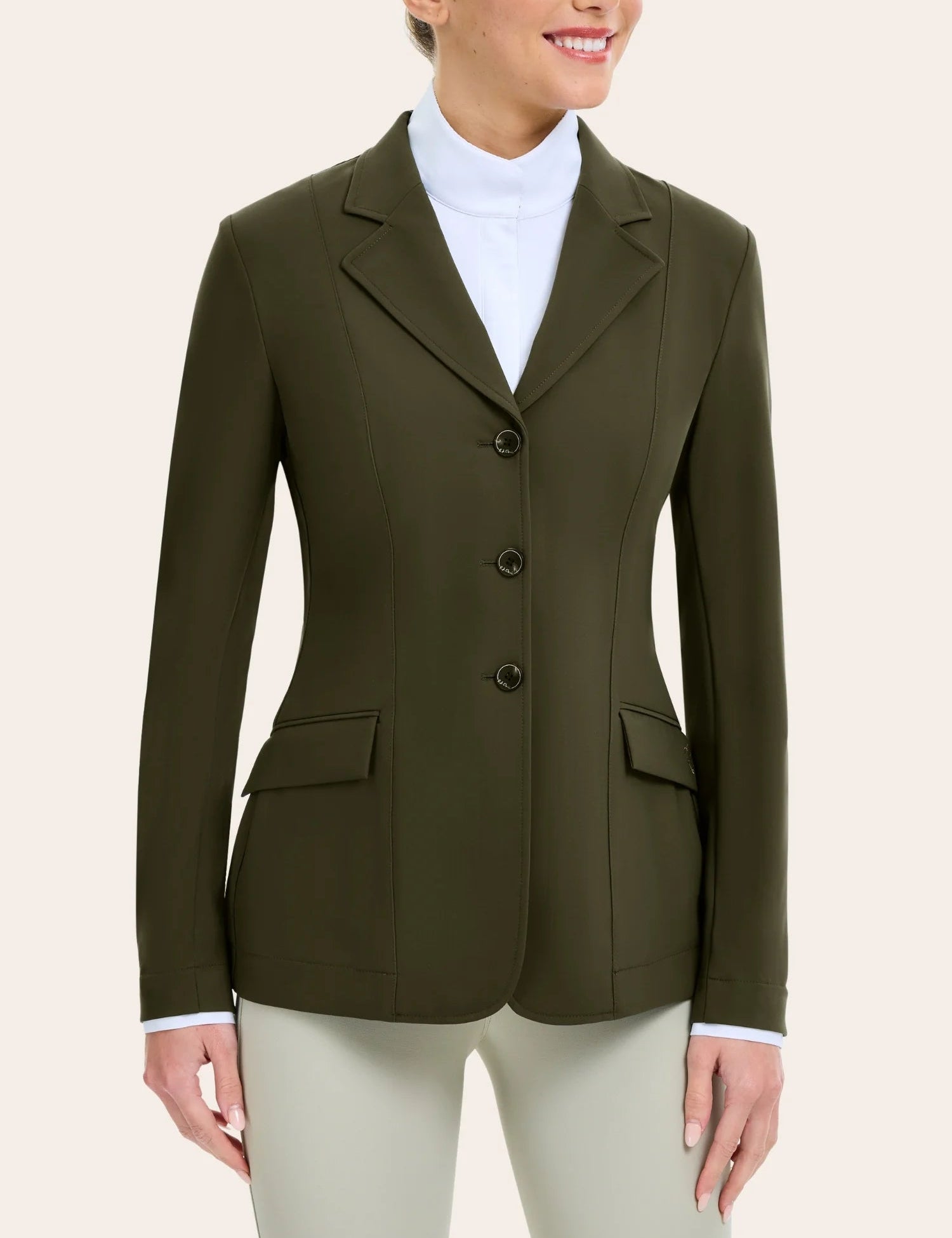 Front view of a model wearing the vintage olive RJ Classics Monterey Show Coat on a plain background