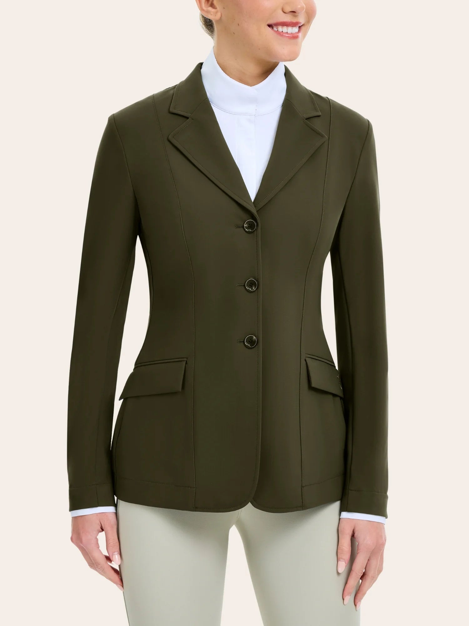 Front view of a model wearing the vintage olive RJ Classics Monterey Show Coat on a plain background
