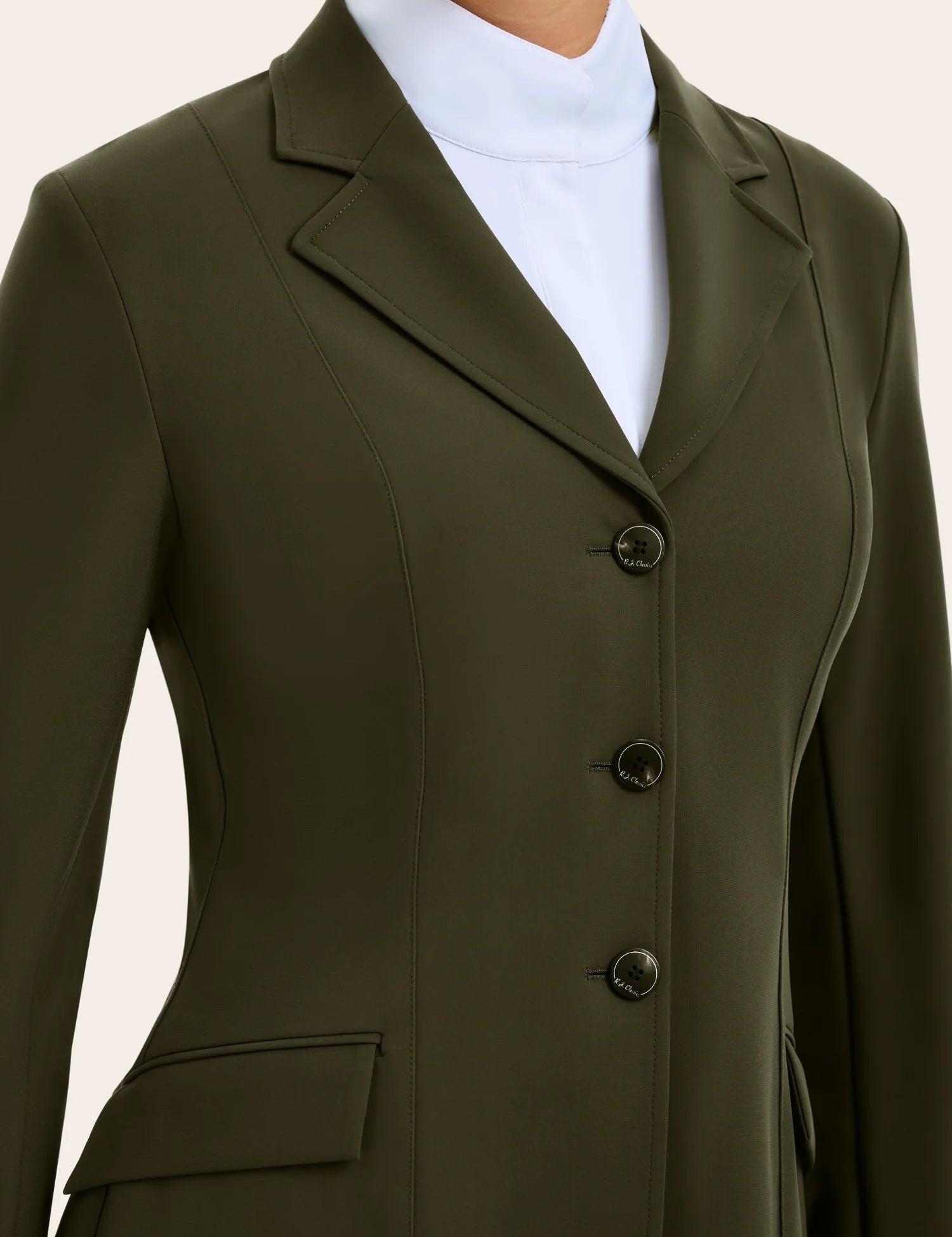Front view of a model wearing the vintage olive RJ Classics Monterey Show Coat on a plain background