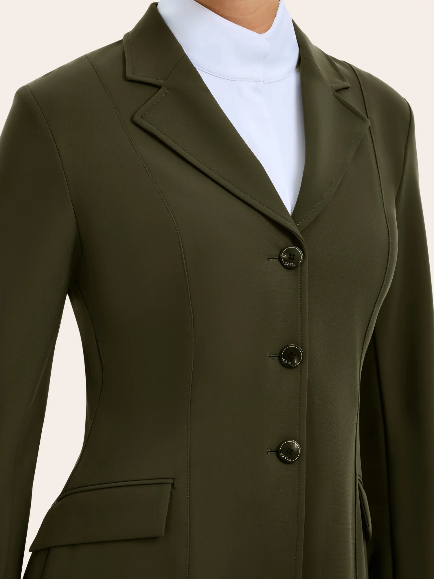 Front view of a model wearing the vintage olive RJ Classics Monterey Show Coat on a plain background