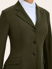 Front view of a model wearing the vintage olive RJ Classics Monterey Show Coat on a plain background