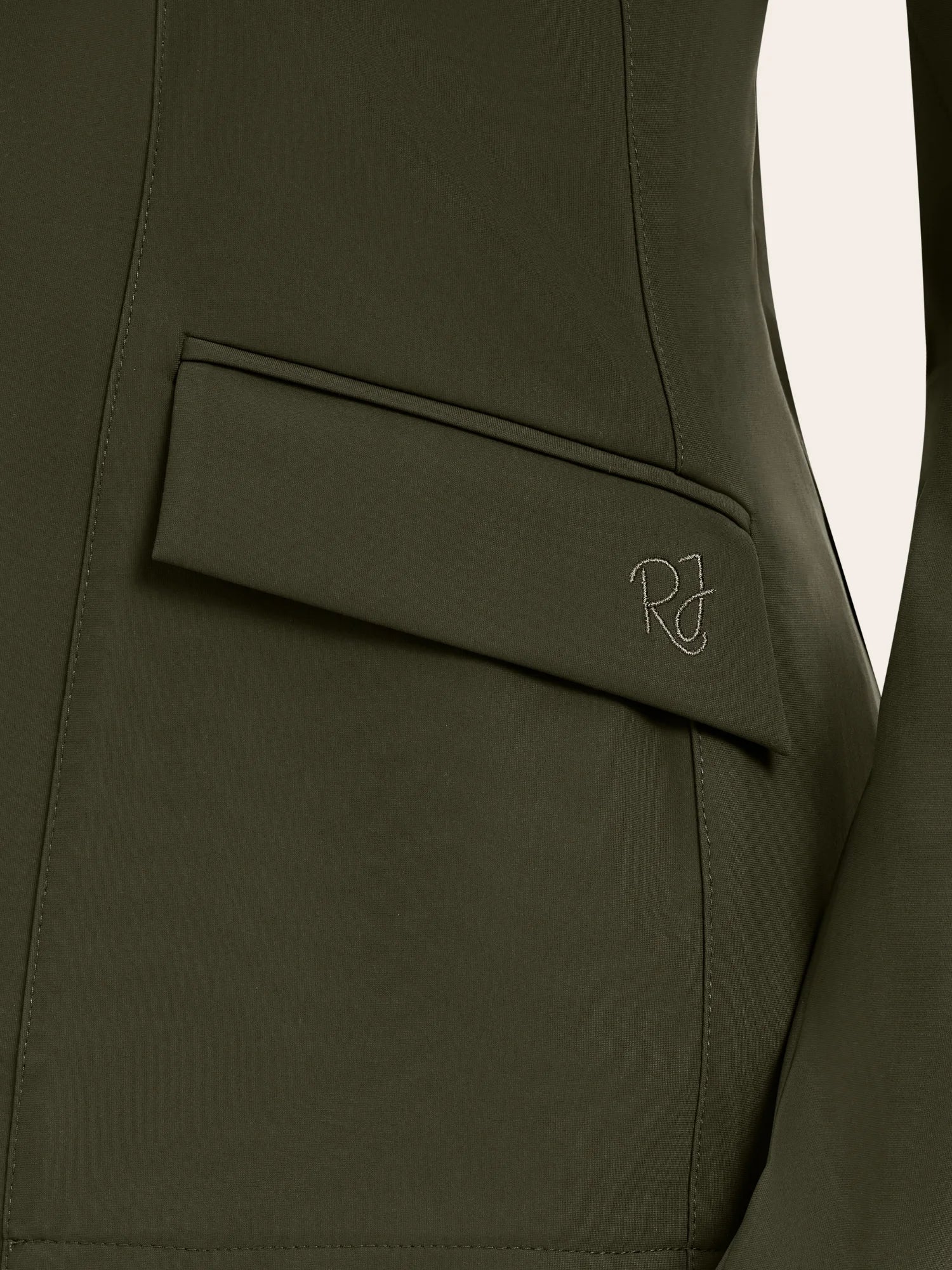 Close-up view of the pocket on the vintage olive RJ Classics Monterey Show Coat on a plain background