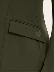 Close-up view of the pocket on the vintage olive RJ Classics Monterey Show Coat on a plain background