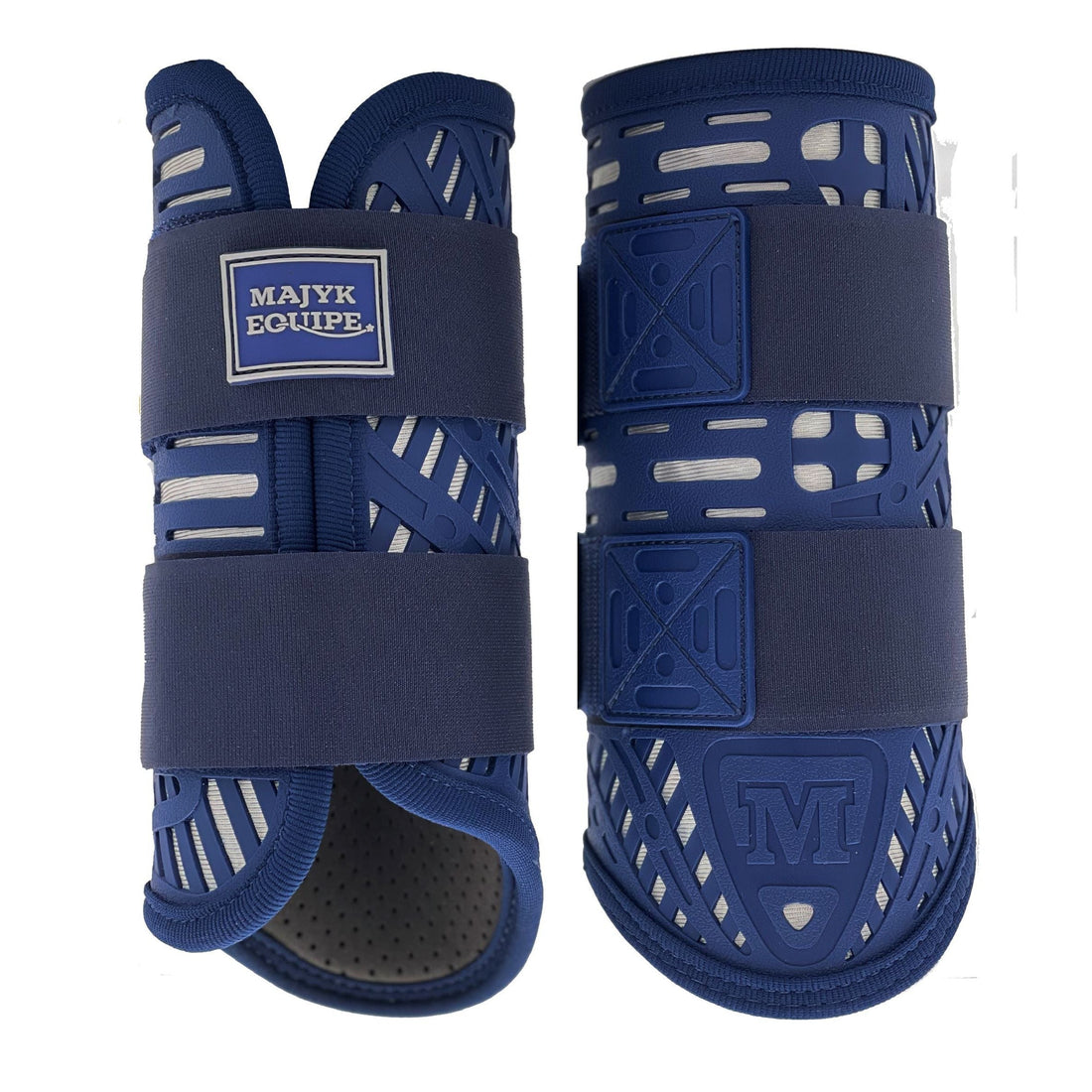 Side-by-side front and back views of the navy and silver tendon boots from the Majyk Equipe XC Elite 4 Pack on a white background