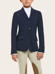 Front view of a young female model wearing the navy RJ Classics Kids Shore Show Coat on a plain background