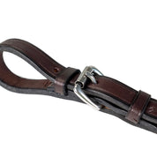 Close-up view of the havana Nunn Finer Elastic Running Martingale Attachment on a plain background