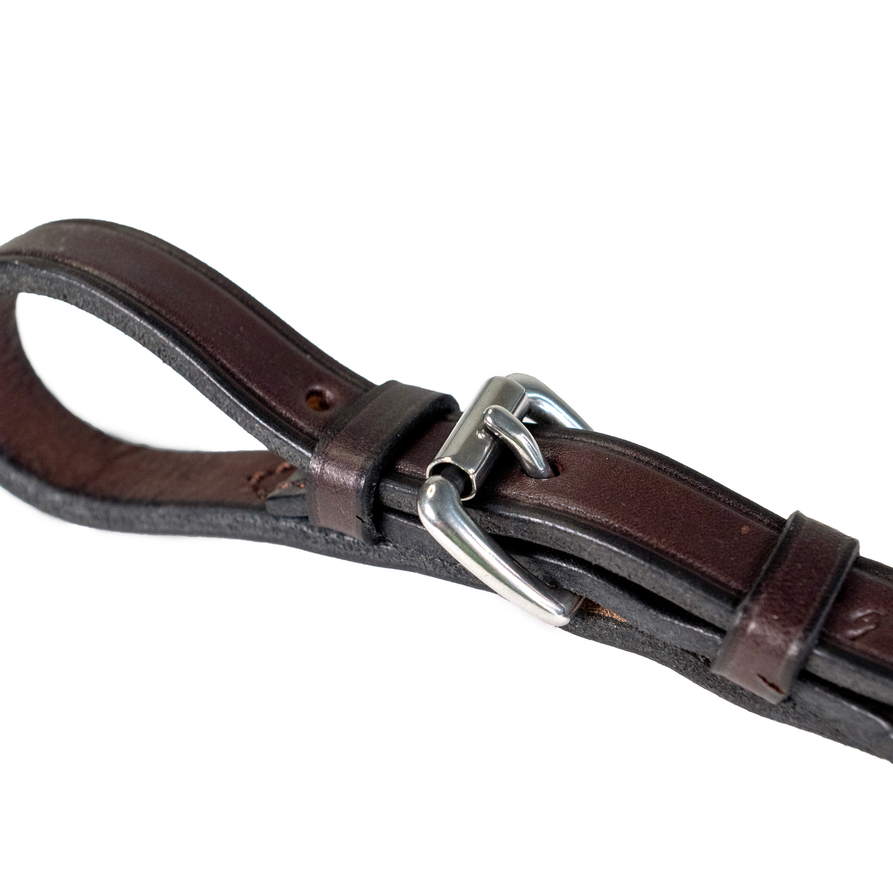Close-up view of the havana Nunn Finer Elastic Running Martingale Attachment on a plain background