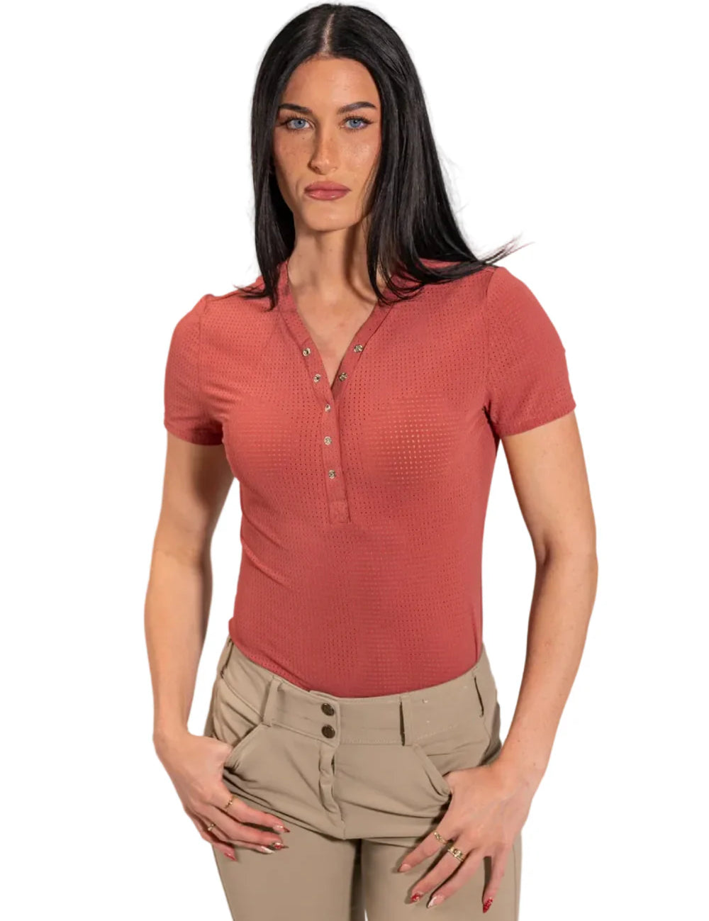 Front view of a female model wearing the raspberry Equisite Naomi Shirt on a white background