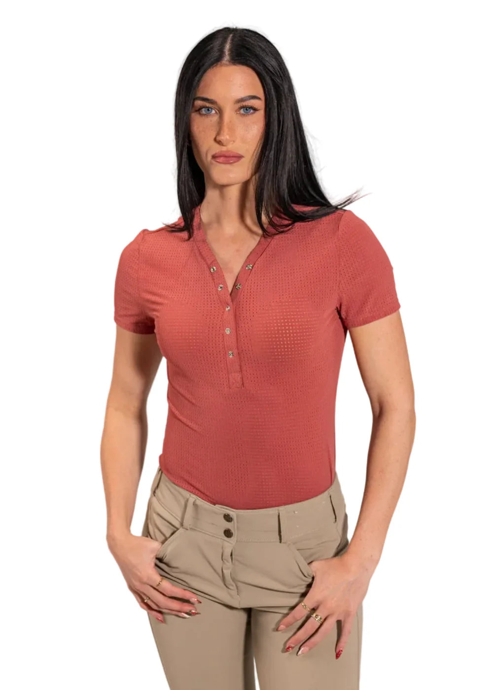 Front view of a female model wearing the raspberry Equisite Naomi Shirt on a white background