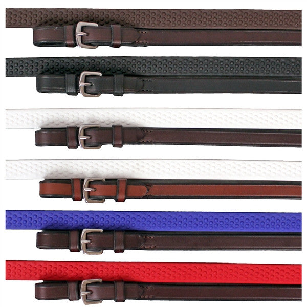 View of an assortment of Nunn Finer Soft Grip Rubber Reins on a white background