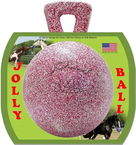 Front view of the 10" red Peppermint Jolly Ball in original packaging on a white background
