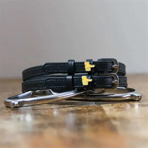 Front view of the buckled Thumbs Up Mane Jane Spur Straps on wood
