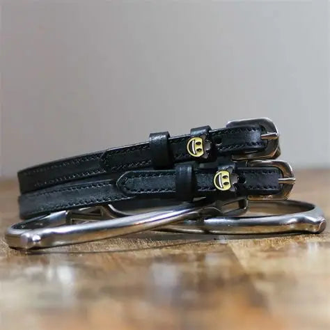Front view of the buckled Cowboy Emoji Mane Jane Spur Straps on wood