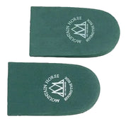 Full view of a pair of green Mountain Horse Heel Lifters on a white background