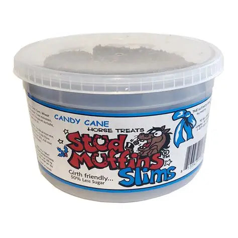 Front view of a 20 oz tub of Stud Muffins Candy Cane Slims Horse Treats on a white background