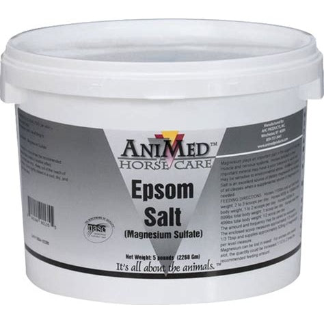 Front view of a 5 lb container of AniMed Epsom Salt on a white background