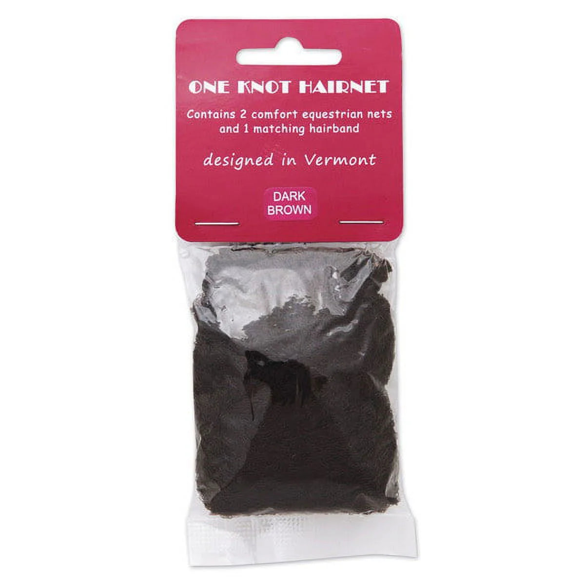 Front view of a package of 2 dark brown brown One Knot Hair Nets on a white background