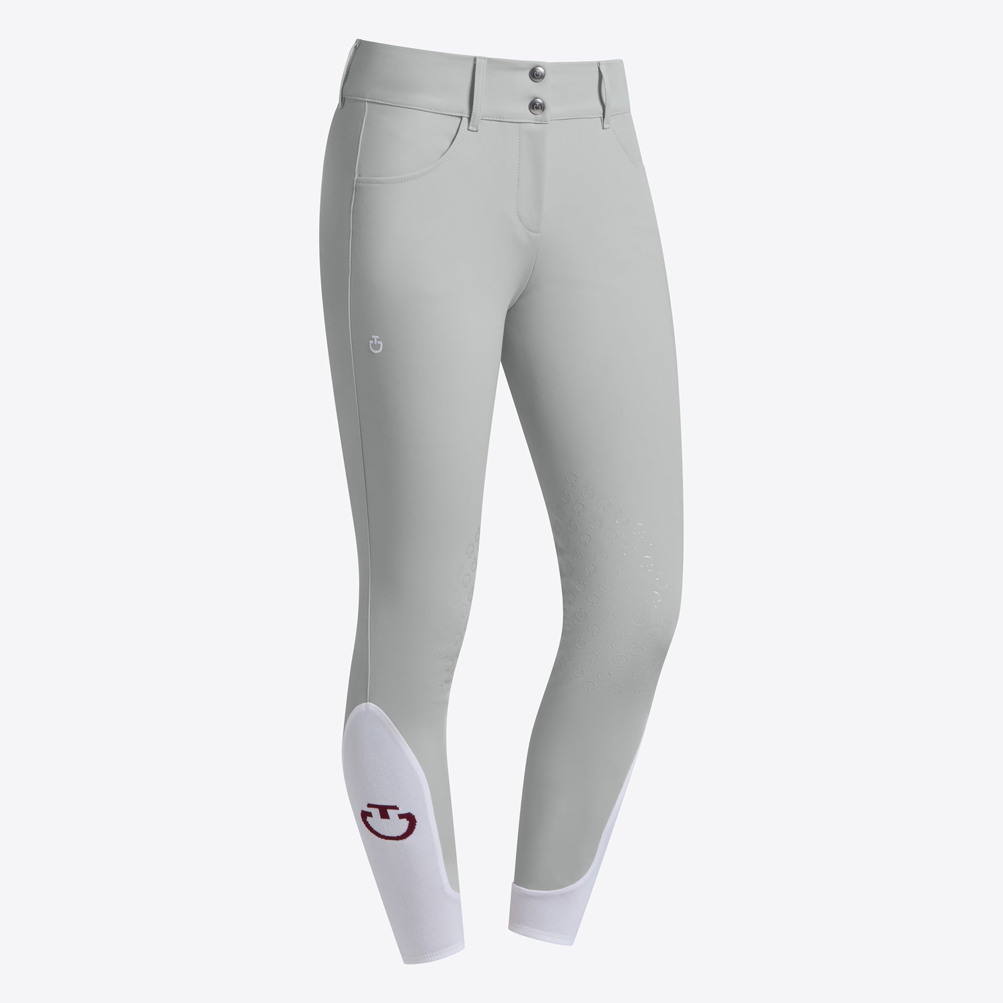 Front angled view of Cavalleria Toscana Knee Grip Jumping Breeches in gray showing contrasting ankle detail and logo