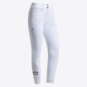 Cavalleria Toscana Full Grip Dressage Breeches in white, angled front view showing contrasting logo on calf