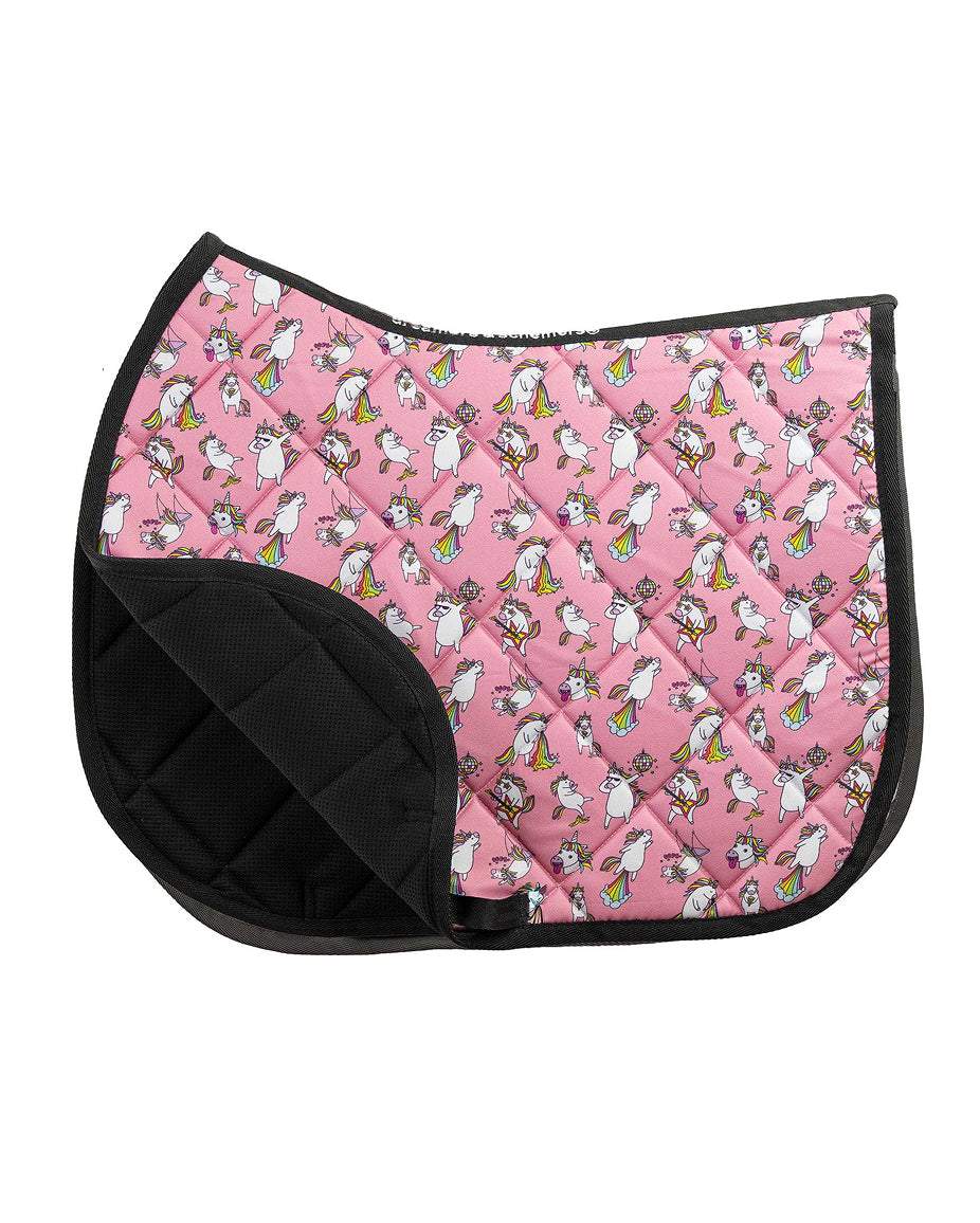 Side view of the Party Too Hardycorn Dreamers & Schemers Saddle Pad on a plain background with the corner turned up to show the mesh lining