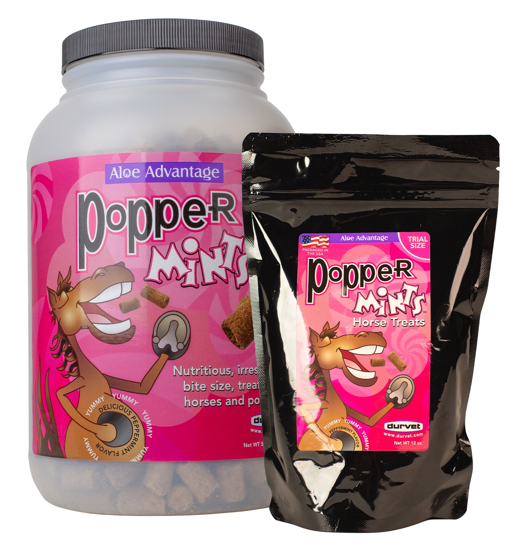 Two packages of Popper Minis horse treats with pink labels on a white background