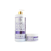 Front view of 1L and 250ml containers of purplewhitening Hairy Pony Hair Repair in Macadamia Elderflower & Jojoba