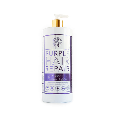 Front view a 1000 ml bottle of Hairy Pony Hair Repair in purple whitening Macadamia Elderflower & Jojoba
