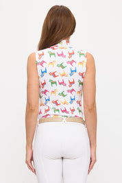 Back view of a female model wearing the Dancing Equestrian Lucky Dala Sleeveless Shirt on a white background
